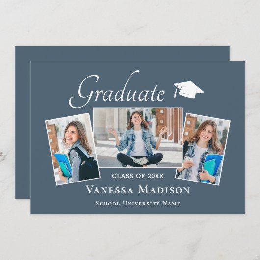モダン |ダスティーエレガントブルー3写真卒業 案内状 (正面/裏面)