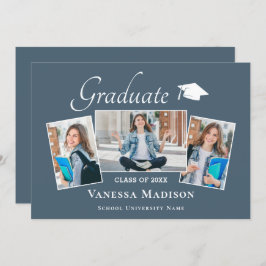 モダン |ダスティーエレガントブルー3写真卒業 案内状