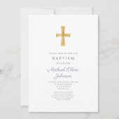 モダン ダスティーブルー ストライプ 十字架 男の子 洗礼 招待状 (正面)