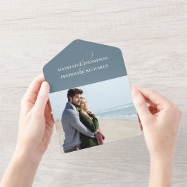 モダン ダスティーブルー フォト ミニマル QRコード RSVP オールインワン招待状