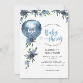 モダン ダスティーブルー フラワーバルーン ボーイ ベビーシャワー 招待状 (正面)