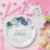 モダン ダスティーブルー フラワー ボタニカル ブライダルシャワー ペーパープレート (パーティー)