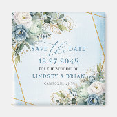 モダン ダスティーブルー フローラル ゴールド セーブ・ザ・デート マグネット (正面)
