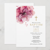 モダン ダスティ ローズ 水彩 フラワー 洗礼 招待状 (正面/裏面)