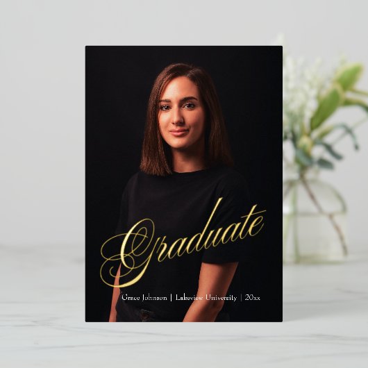モダン&ダッエレガントク2枚の写真卒業金ゴールド 箔招待状 (立ち正面)