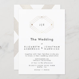 モダン ダブル モノグラム ジオメトリック ゴールド ウェディング 招待状