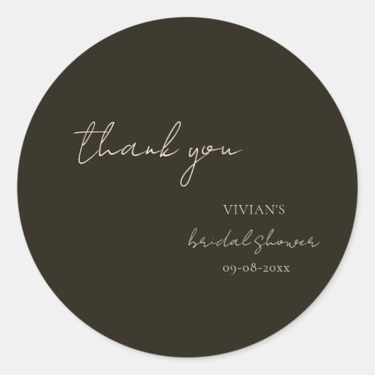 モダン ダークグリーン カリグラフィー ブライダルシャワー 御礼 ラウンドシール (正面)