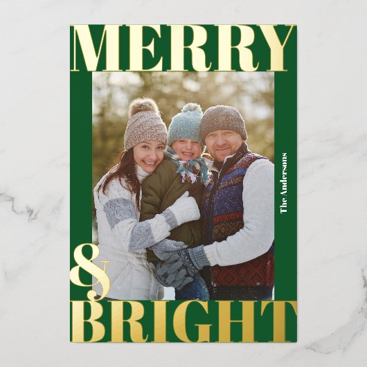 **モダン ダークグリーン メリー＆ブライト フォト** 箔シーズンカード (正面)