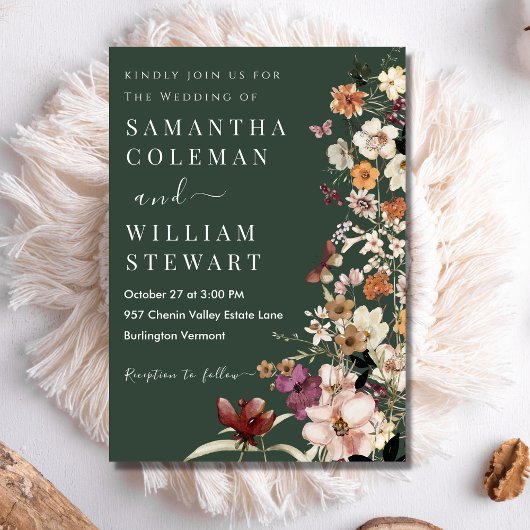 モダン ダークグリーン ラスティック ボヘミアン ワイルドフラワー ウェディング 招待状