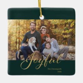 モダン ダークグリーン 喜び 金色 スクリプト ファミリーフォト セラミックオーナメント