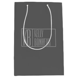 モダン、ダークグレーのグレー、イニシャルと名前のロゴ ミディアムペーパーバッグ