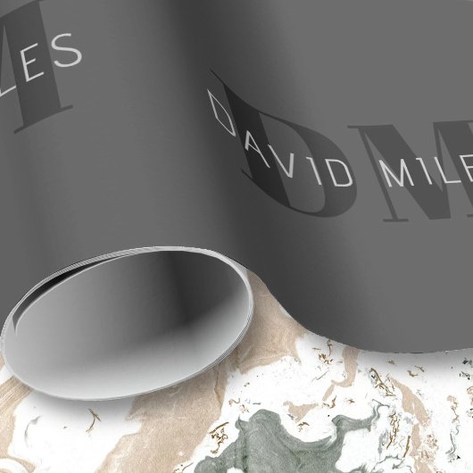 モダン ダークグレー & ブラック  編集可能な名前 & モノグラム ラッピングペーパー