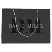 モダン ダークグレー & ブラック  編集可能な名前 & モノグラム ラージペーパーバッグ (裏面)