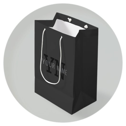 モダン ダークグレー モノグラム ネーム（またはその他のテキスト） ミディアムペーパーバッグ