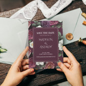 モダン ダークバーガンディー ピオニー セーブ・ザ・デート カード