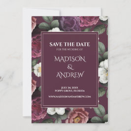 モダン ダークバーガンディー 牡丹 Save the Date カード