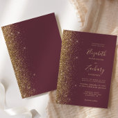 モダン ダークバーガンディ ゴールド 偽 グリッター 結婚式 招待状