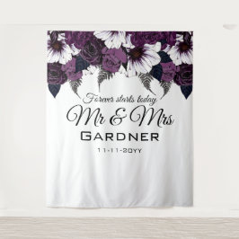 モダン ダークプラムとホワイト フラワーのウェディングタペストリー タペストリー