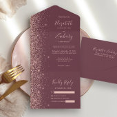 モダン ダーク バーガンディ ローズゴールド グリッター ウェディング オールインワン招待状