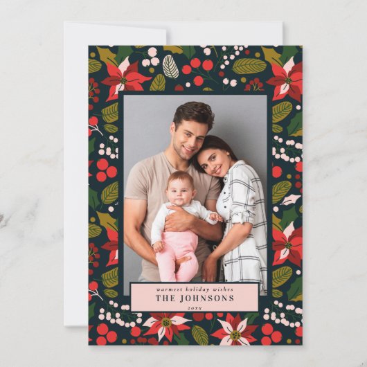 モダン ダーク ムーディ ブルー レッド ポインセチア フォト シーズンカード (正面)