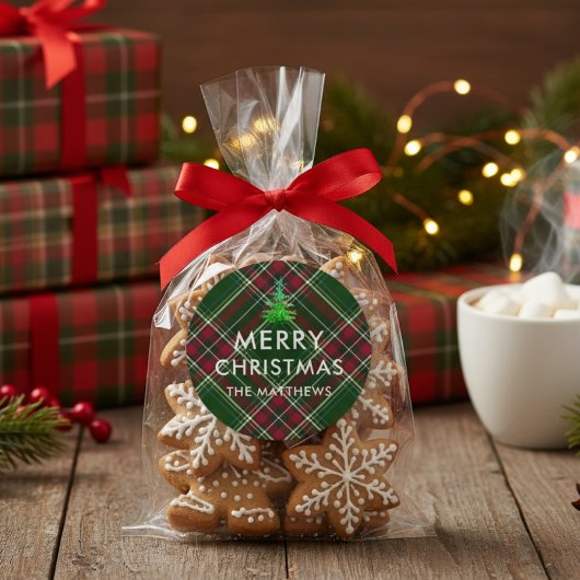 モダン・チェック柄のクリスマスツリー 名前入り ラウンドシール