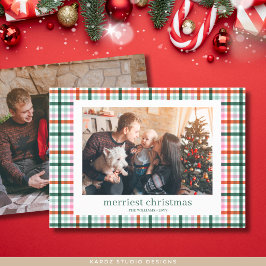 モダン・チェック柄の家族写真クリスマスカード シーズンカード