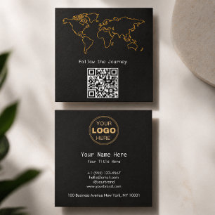 モダン チャコール ゴールド 世界地図 QR デジタルノマド スクエア名刺