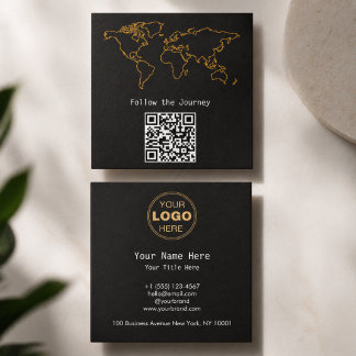 モダン チャコール ゴールド 世界地図 QR デジタルノマド スクエア名刺