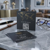 モダン チャコール ゴールド 世界地図 QR デジタルノマド スクエア名刺