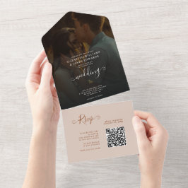 モダン テラコッタ ボヘミアン ウェディング RSVP QRコード オールインワン招待状