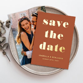 モダン テラコッタ 写真 Save The Date ゴールド 箔招待状