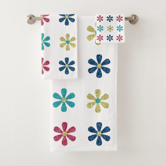 モダン&トレンディー金ゴールドブルーグリッター花 バスタオルセット (インサイチュ)