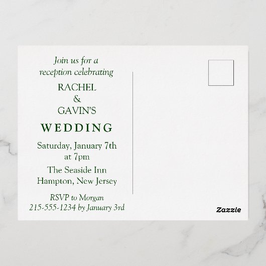 モダン トロピカル ウェディング エロープメント レセプション 箔招待状ポストカード (裏面)