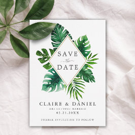 モダン トロピカル ウォーターカラー リーフ グリーン セーブザデート