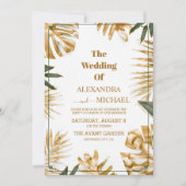 モダン トロピカル リーフ ゴールド ウェディング 招待状 (正面)