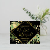 モダン トロピカル 私たち結婚しました 秘密の挙式 披露宴 箔招待状ポストカード (立ち正面)