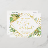 モダン トロピカル 私たち結婚しました 秘密の挙式 披露宴 箔招待状ポストカード (正面/裏面)
