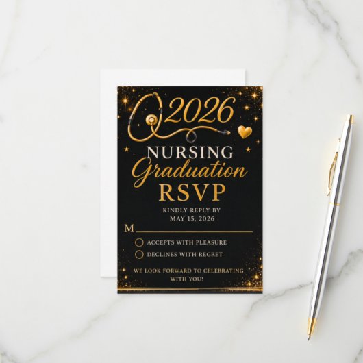 モダン ナーシング卒業式 RSVP カード 2026 ステト付き (正面/裏面インサイチュ)