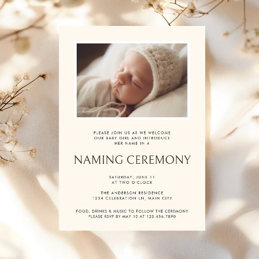 モダン ニュートラル ベビー ネーミング セレモニー フォト 招待状