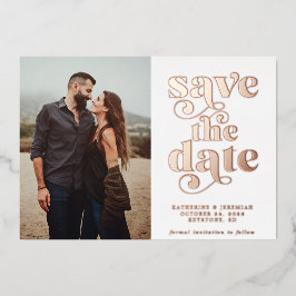 モダン ニュートラル ローズゴールド フォイル 写真 セーブ・ザ・デート 箔招待状