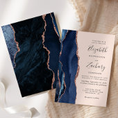 モダン ネイビーブルー アゲート ローズゴールド ブラッシュ ウェディング 招待状