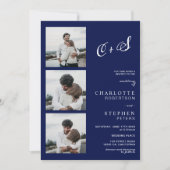 モダン ネイビーブルー カジュアルイニシャル フォトウェディング 招待状 (正面)