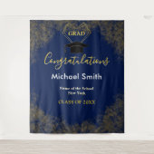 モダン ネイビーブルー クラシック ゴールド 卒業写真 背景 タペストリー (正面)