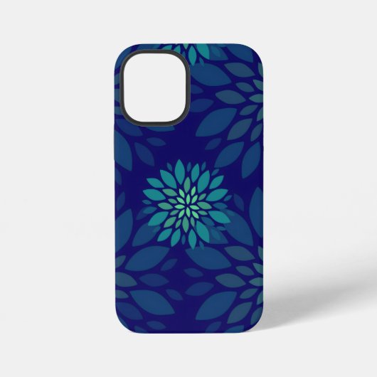 モダン ネイビーブルー グリーン 花 模様 葉 iPhoneケース (裏面)