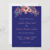 モダン ネイビーブルー コーラル ピオニー 花 モダンウェディング 招待状 (正面)