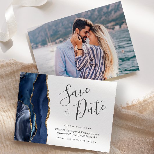 モダン ネイビーブルー ゴールド アゲート 写真付き Save the Date 招待状