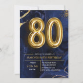 モダン ネイビーブルー ゴールド 80歳の誕生日 招待状 (正面)