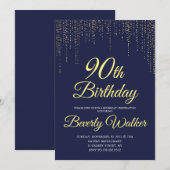 モダン ネイビーブルー ゴールド 90歳 誕生日パーティー 招待状 (正面/裏面)