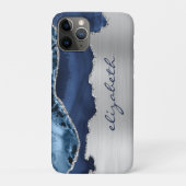 モダン ネイビーブルー シルバー アゲート メタリック Case-Mate iPhoneケース (裏)