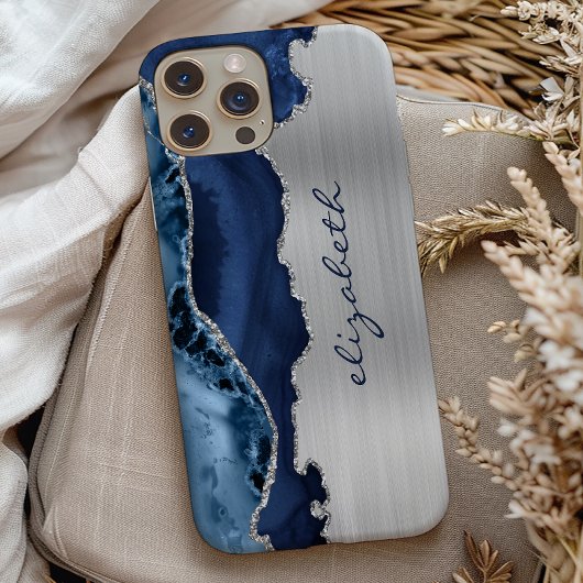 モダン ネイビーブルー シルバー アゲート メタリック Case-Mate iPhoneケース